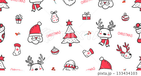 Seamless pattern for Christmas and New Year festival with Santa Clauses, reindeers, gifts, socks, and cute festive elements in red, black and white color tones on a transparent background. Seamless pattern for Christmas and New Year festival with Santa Clauses, reindeers, gifts, socks, and cute festive elements in red, black and white color tones on a transparent background. 133434103