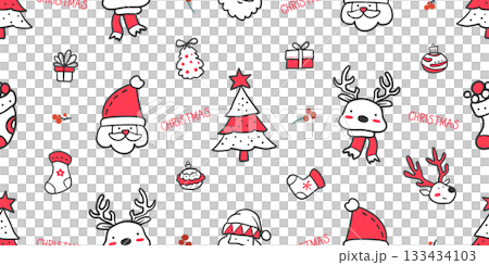 Seamless pattern for Christmas and New Year festival with Santa Clauses, reindeers, gifts, socks, and cute festive elements in red, black and white color tones on a transparent background. Seamless pattern for Christmas and New Year festival with Santa Clauses, reindeers, gifts, socks, and cute festive elements in red, black and white color tones on a transparent background. 133434103