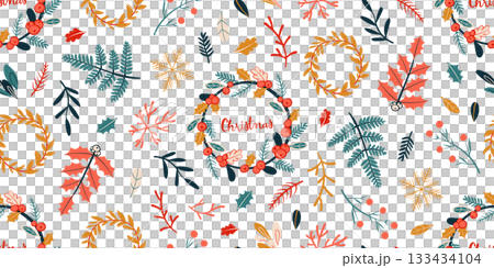 Seamless pattern for Christmas and New Year festival with wreath, holly, branch and cute festive elements in red, yellow and green color tones on a transparent background. Seamless pattern for Christmas and New Year festival with wreath, holly, branch and cute festive elements in red, yellow and green color tones on a transparent background. 133434104