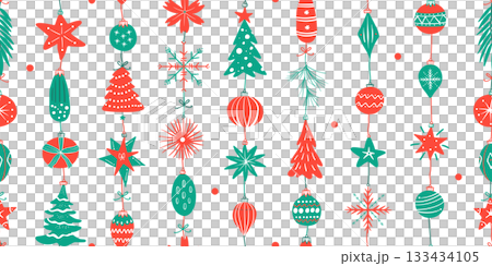 Seamless pattern for Christmas and New Year festival with cute hanging Christmas ornaments in red and green color tones on a transparent background. Seamless pattern for Christmas and New Year festival with cute hanging Christmas ornaments in red and green color tones on a transparent background. 133434105