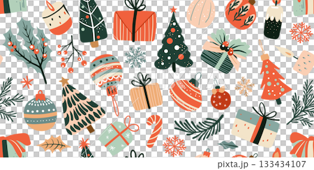 Seamless pattern for Christmas and New Year festival with Christmas trees, snowflakes, holly, presents and cute festive elements in red, beige and green color tones on a transparent background. Seamless pattern for Christmas and New Year festival with Christmas trees, snowflakes, holly, presents and cute festive elements in red, beige and green color tones on a transparent background. 133434107