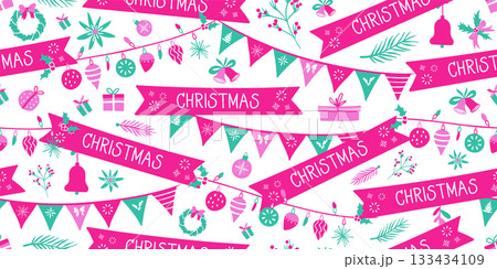Seamless pattern for Christmas and New Year festival with party flags, string lights and cute festive elements in vibrant red and green colors on a transparent background. Seamless pattern for Christmas and New Year festival with party flags, string lights and cute festive elements in vibrant red and green colors on a transparent background. 133434109