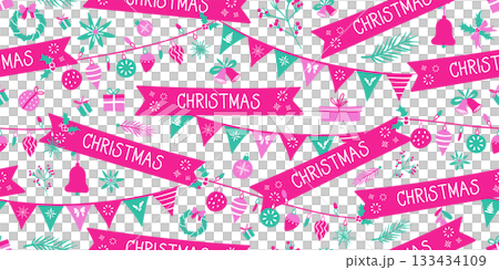 Seamless pattern for Christmas and New Year festival with party flags, string lights and cute festive elements in vibrant red and green colors on a transparent background. Seamless pattern for Christmas and New Year festival with party flags, string lights and cute festive elements in vibrant red and green colors on a transparent background. 133434109