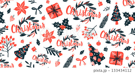 Seamless pattern for Christmas and New Year festival with Christmas trees, holly, presents and cute festive elements in red, beige and green color tones on a transparent background. 133434112