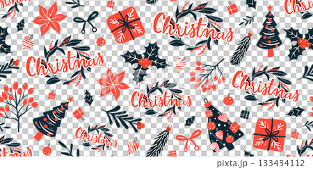Seamless pattern for Christmas and New Year festival with Christmas trees, holly, presents and cute festive elements in red, beige and green color tones on a transparent background. 133434112