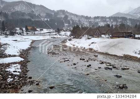 The view of landscape shirakawago river in winter 133434284