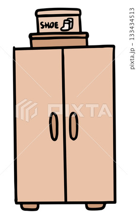 Cute hand drawn illustrations of shoe box on wardrobe or closet for bedroom, furniture, storage, clothes, home decor, house tour, room design, interior, department store, online shopping, drawers 133434513