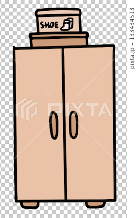 Cute hand drawn illustrations of shoe box on wardrobe or closet for bedroom, furniture, storage, clothes, home decor, house tour, room design, interior, department store, online shopping, drawers 133434513