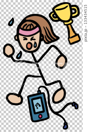 Hand drawn illustrations of a girl running marathon, pink sport headband, trophy, music and headphone for human, people, diet, exercise, sport, race, competition, activity, healthy lifestyle, hobbies Hand drawn illustrations of a girl running marathon, pink sport headband, trophy, music and headphone for human, people, diet, exercise, sport, race, competition, activity, healthy lifestyle, hobbies 133434515