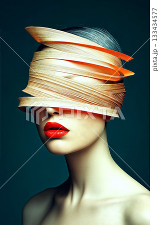 Fashion model posing with wooden stripes covering eyes and red lipstick 133434577