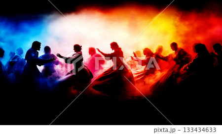Medieval people dancing in colorful smoke during pagan easter festival 133434633