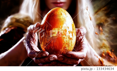 Woman holding golden egg symbolizing world, rebirth and pagan easter celebration Woman holding golden egg symbolizing world, rebirth and pagan easter celebration 133434634