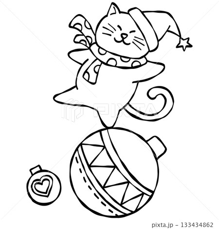 hristmas Festive cat wearing a scarf and hat with ornaments for Christmas. hristmas Festive cat wearing a scarf and hat with ornaments for Christmas. 133434862