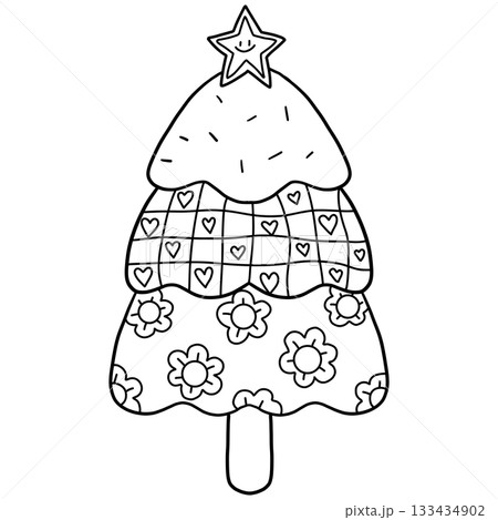 groovy christmas cartoon ice cream Christmas tree with playful patterns and a star on top. groovy christmas cartoon ice cream Christmas tree with playful patterns and a star on top. 133434902