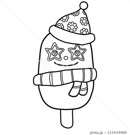 groovy christmas Cute cartoon ice cream snowman wearing a festive hat and scarf. groovy christmas Cute cartoon ice cream snowman wearing a festive hat and scarf. 133434906