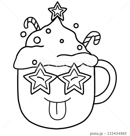 christmas Cute cartoon mug with whipped cream and candy canes, wearing star glasses. christmas Cute cartoon mug with whipped cream and candy canes, wearing star glasses. 133434985