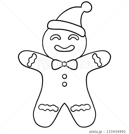 christmas Gingerbread man wearing a Santa hat and bowtie for festive cheer. 133434991