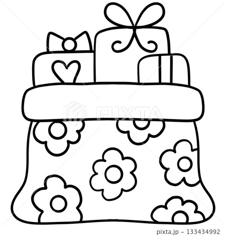 christmas Gift bag filled with cartoon presents and floral patterns. christmas Gift bag filled with cartoon presents and floral patterns. 133434992
