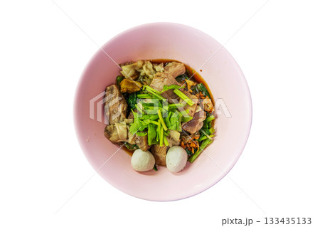 Top view of Beef noodle-less soup, focus selective 133435133