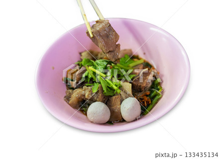 Top view of Beef noodle-less soup, focus selective 133435134