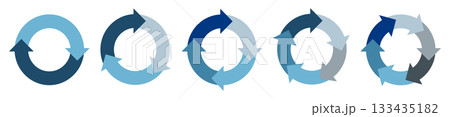 2〜6要素の回転サイクル図(回転矢印)セット　青系カラーの循環プロセス矢印ベクターイラスト 133435182