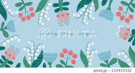Crayon Spring Floral Poster. Blooming Hand-drawn Flower, White lily of the Valley, Plants and Berry on Blue Background. Primitive Botanical Textured Vector horizontal illustration. Not AI 133435332