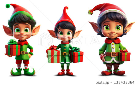 Cartoon Character of an Elf with Gifts Isolated on Transparent Background - Generative Ai 133435364