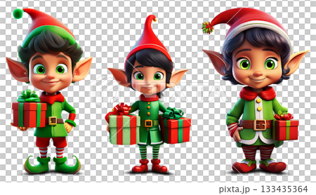 Cartoon Character of an Elf with Gifts Isolated on Transparent Background - Generative Ai 133435364