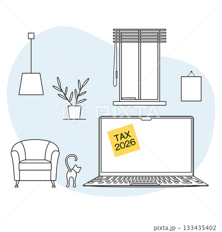 Tax preparation illustration with a laptop and post-it note reminding tax 2026 deadline Tax preparation illustration with a laptop and post-it note reminding tax 2026 deadline 133435402