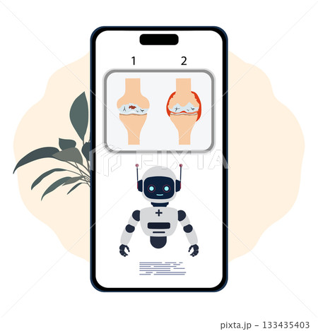 Arthritis diagnosis app interface with robot assistant and joint diagrams on smartphone display Arthritis diagnosis app interface with robot assistant and joint diagrams on smartphone display 133435403