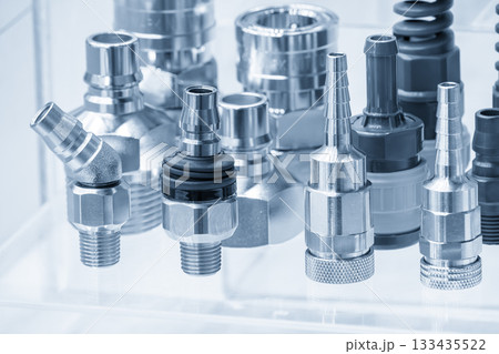 Close up scene the group of quick release coupling set in the light blue scene. 133435522