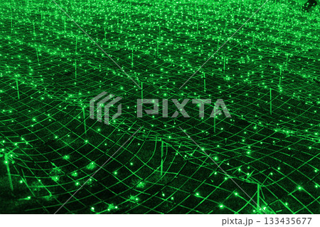Futuristic background of green led lights arranged in grid pattern, network, glowing at night 133435677
