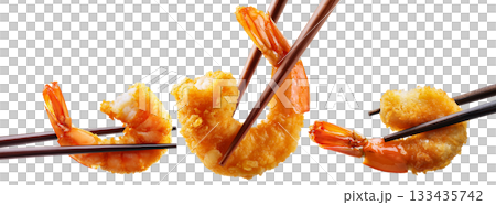Fried and Breaded Shrimp Held by Wooden Chopsticks Isolated on Transparent - Generative Ai 133435742