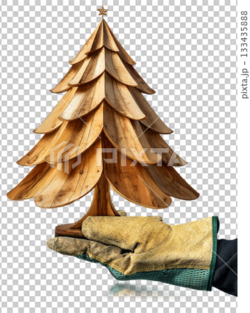 Hand with Work Glove Holding a Small Wooden Christmas Tree - Generative Ai 133435888