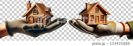 Hand with Work Glove Holding a Small Wooden House Isolated on Transparent - Generative Ai Hand with Work Glove Holding a Small Wooden House Isolated on Transparent - Generative Ai 133435889