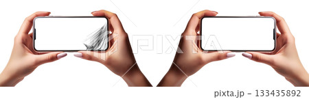 Hands of Woman Holding a Smartphone Isolated on Transparent - Generative Ai 133435892