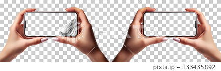 Hands of Woman Holding a Smartphone Isolated on Transparent - Generative Ai 133435892