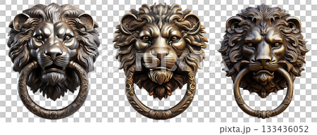 Lion Head Door Metal Knocker Isolated on Transparent Background - Generative Ai 133436052