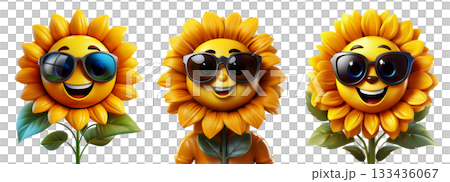 Happy Smiling Sunflower Wearing Sunglasses Isolated on Transparent Background - Generative Ai 133436067