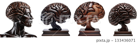 Human Brain in Ebony Wood Isolated on Transparent Background - Generative Ai 133436071