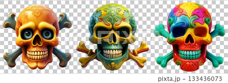 Human Skulls with Crossbones Isolated on Transparent Background - Generative Ai 133436073