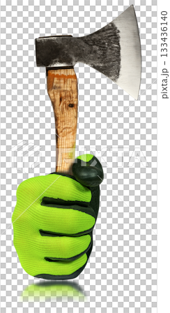 Manual Worker with Protective Work Gloves Holding an Old Axe - Generative Ai 133436140