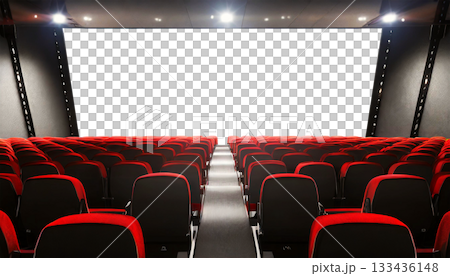 Movie Theater with black and red cinema seats and Empty Screen - Generative Ai 133436148