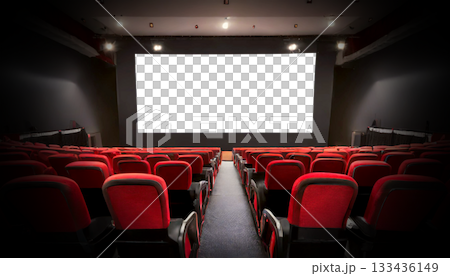 Movie Theater with black and red cinema seats and Empty Screen - Generative Ai 133436149