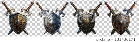 Medieval Coat of Arms with Metal Shield And Swords Isolated on Transparent - Generative Ai 133436171