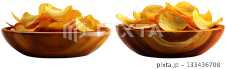 Olive Wooden Bowl Full of Thin Potato Chips Isolated on Transparent Background - Generative Ai Olive Wooden Bowl Full of Thin Potato Chips Isolated on Transparent Background - Generative Ai 133436708