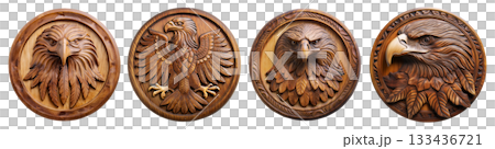Round Wooden Symbol With an Eagle Isolated on Transparent Background - Generative Ai 133436721