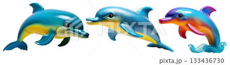 Rubber Toy Dolphin Smiling while Jumping Isolated on Transparent Background - Generative Ai 133436730