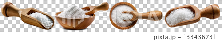 Salt In Wooden Bowl And Spoon Isolated on Transparent Background - Generative Ai 133436731