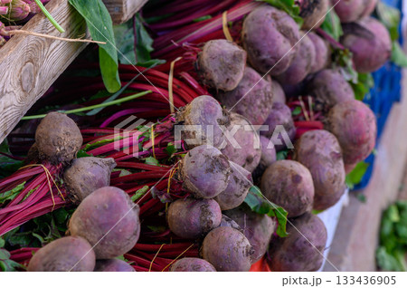 Colorful beets piled together at a vibrant farmers market in the late afternoon sun Colorful beets piled together at a vibrant farmers market in the late afternoon sun 133436905